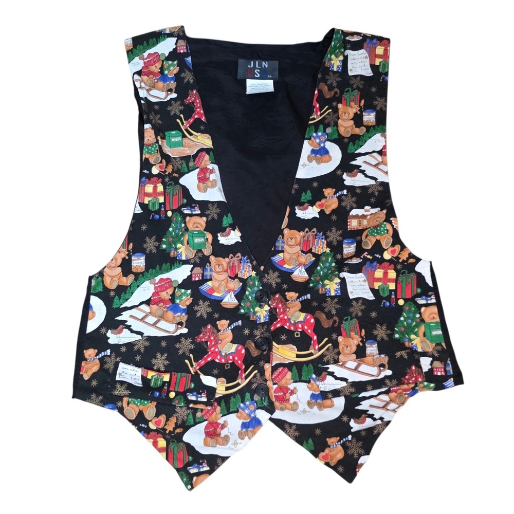 Vintage JLN USA Womens S Black Teddy Bear Rocking Horse Christmas Vest